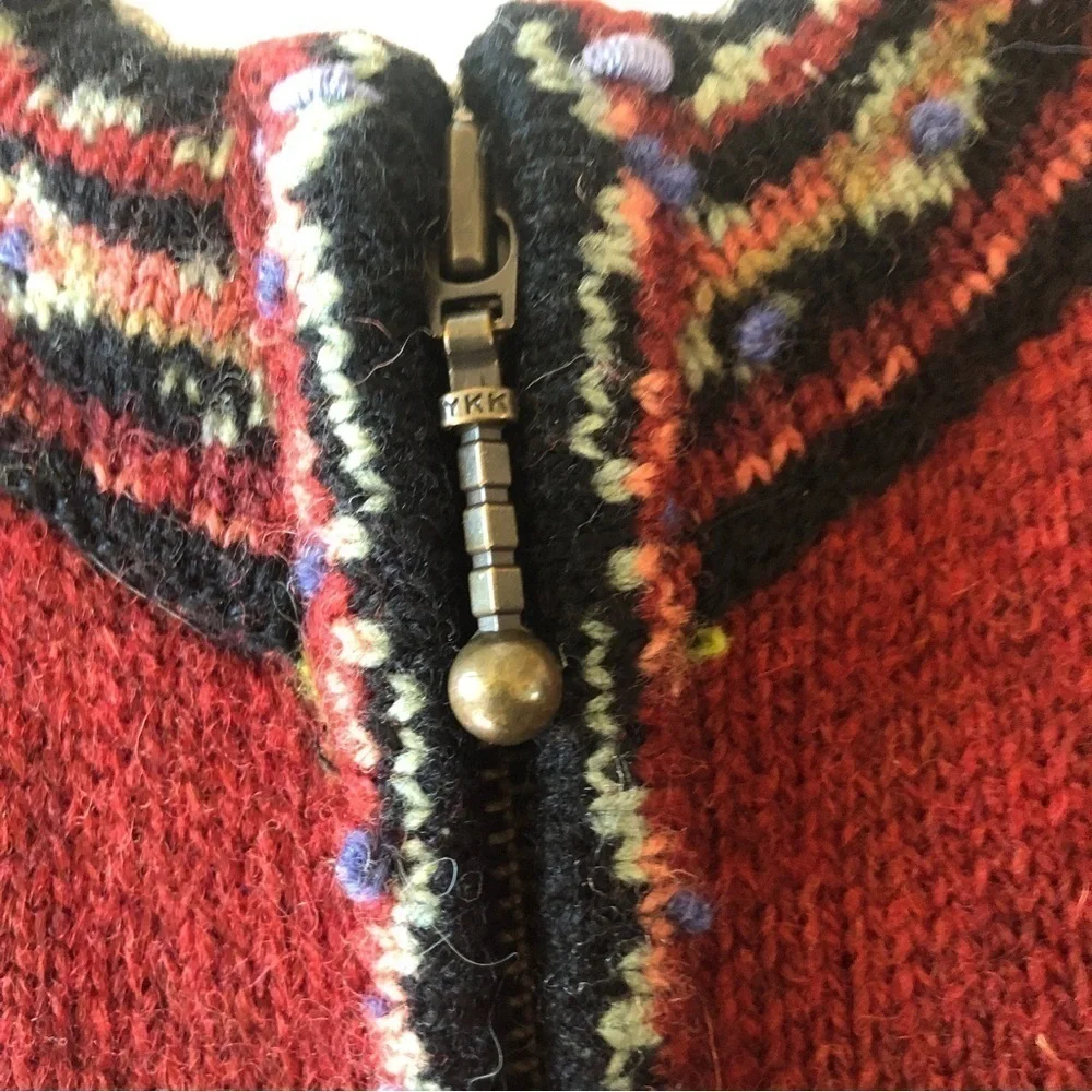 Icelandic Design Wool Zip Cardigan Women L Red and Embroidery Accents - Picture 5 of 11